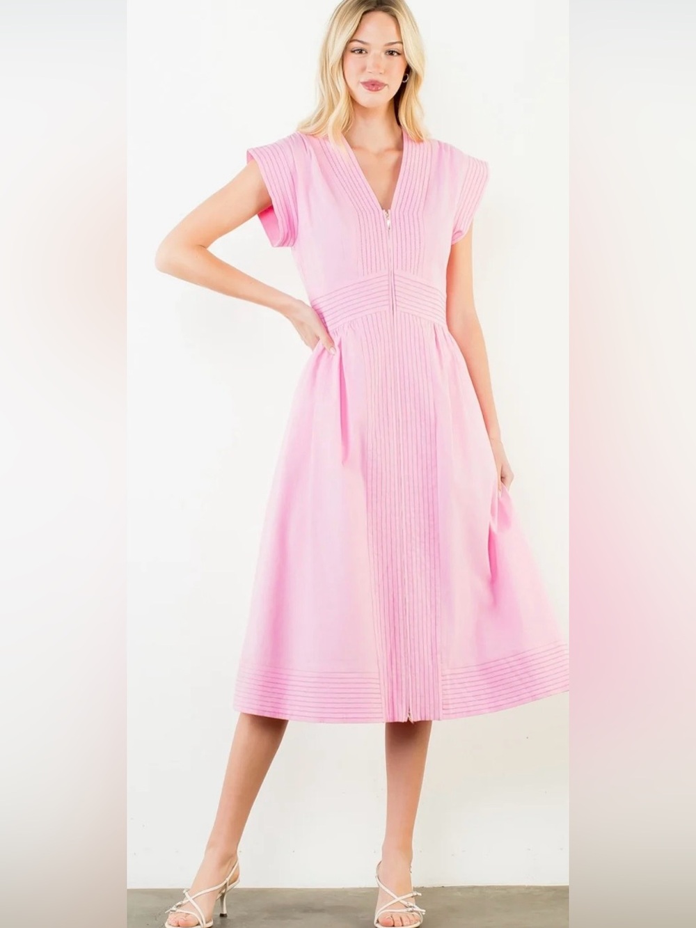 THML Pink Zip Front Midi Dress XS Cotton Stretch Pintuck Cap Sleeve Fit & Flare